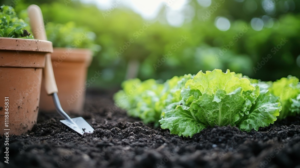 Gardener planting on lettuce gardener's tools carefully tending soil Isolated solo on plain background One main object Gardener planting on lettuce gardener's tools carefully tending soil Isolated solo on plain background One main object