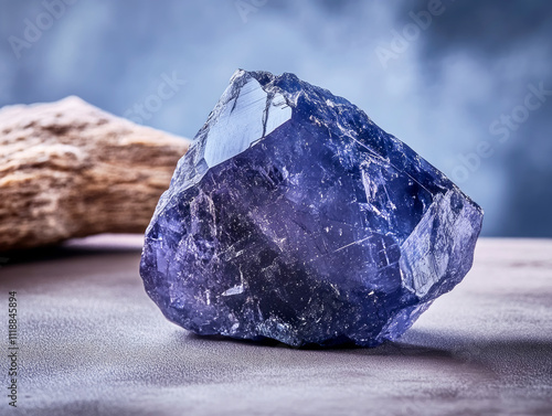 Discovering the beauty of iolite against a minimalist backdrop featuring intriguing textures and hues photo