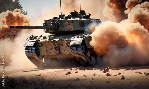 A military tank maneuvers through a dusty landscape, emitting smoke and debris as it prepares for action. The scene captures the intensity of armored warfare. photo