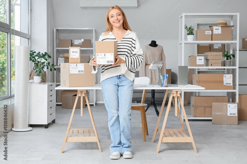 Female seller with parcel box in online store warehouse