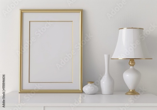 Empty Gold Frame and White Table Lamp on a Shelf with White Vases