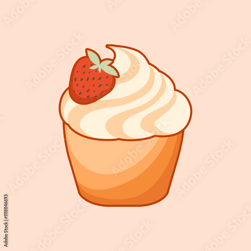 Yummy flat-style strawberry cupcake illustration with beige tones and a fresh berry on top. Perfect for food designs and recipes.
