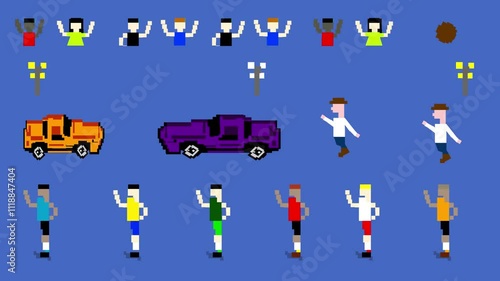 Wallpaper Mural Animated video in pixel art style of several male athletes running, cars and fans on a blue background, old game. Torontodigital.ca