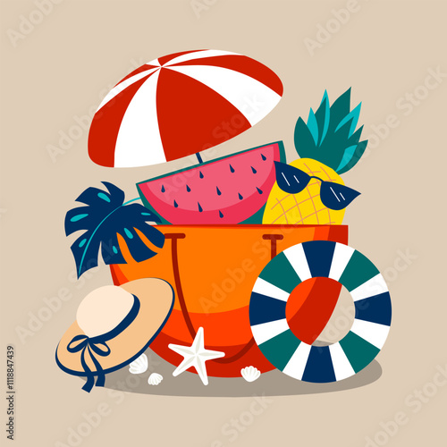 Summer beach bag with a watermelon, pineapple, beach hat, lifebuoy, seashells and starfish on a sandy beige background, evoking a carefree vacation vibe. Tropical holidays vector illustration.
