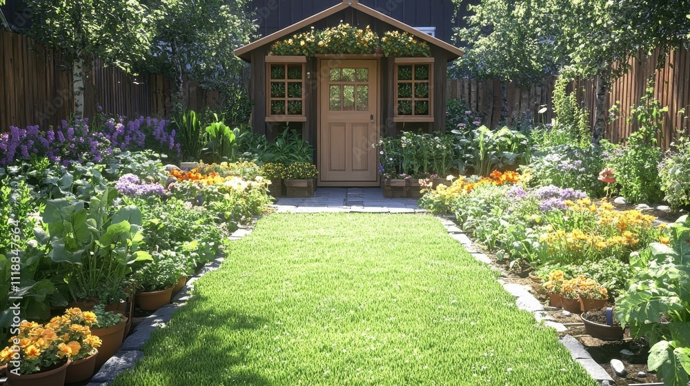 Naklejka premium Squarespace designer Grow therapy shortlets Living Soil Home equity loan Wellness retreat Ergeon Lively root Umow Beautiful garden path with colorful blooming flowers leading to wooden shed, sunny ba