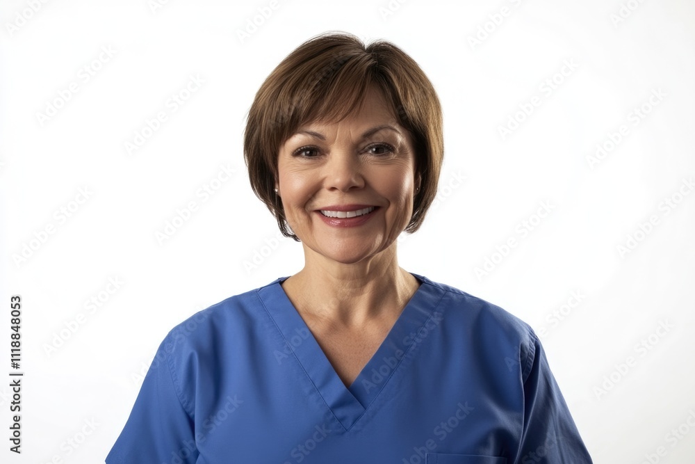 Smiling professional female nurse wearing blue scrubs, standing in a clinic or hospital setting. Smiling professional female nurse wearing blue scrubs, standing in a clinic or hospital setting.