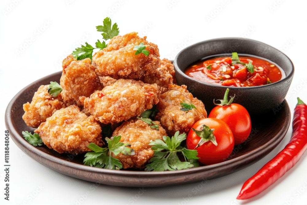 Fototapeta premium Fried shrimp with mixed vegetables, served over rice and garnished with fresh herbs and chili sauce.
