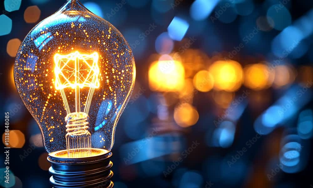 A glowing light bulb with intricate filament design against a blurred blue background. A glowing light bulb with intricate filament design against a blurred blue background.