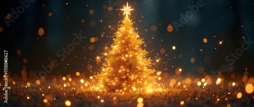 Golden Yellow Christmas Tree In Abstract Night