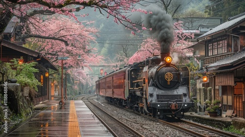 Steam train passing cherry blossoms in Japan.