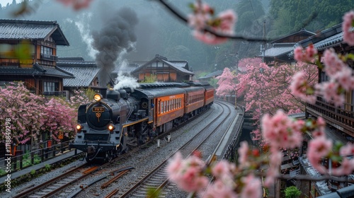 Steam train passing through cherry blossoms.