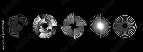 White radial spiral patterns set. Circular spinning speed line forms collection. Rotating circle sound waves concept. Abstract sunburst ray or beam elements for icon, badge, logo, tag, label. Vector