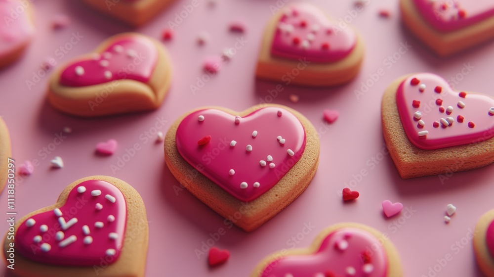 Delicious pink heart-shaped cookies with sprinkles on a pink background. Delicious pink heart-shaped cookies with sprinkles on a pink background.