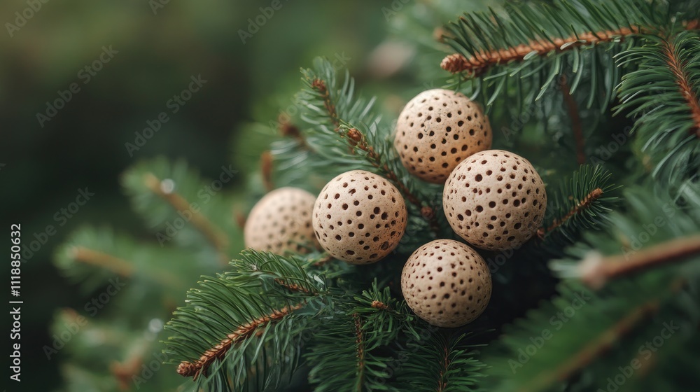 Ornate decorative spheres adorn a pine tree branch