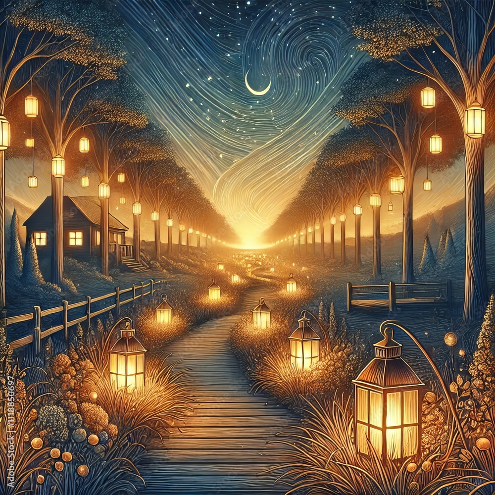 Fototapeta premium Magical Lantern Lit Path to Cozy Cottage Night Scene