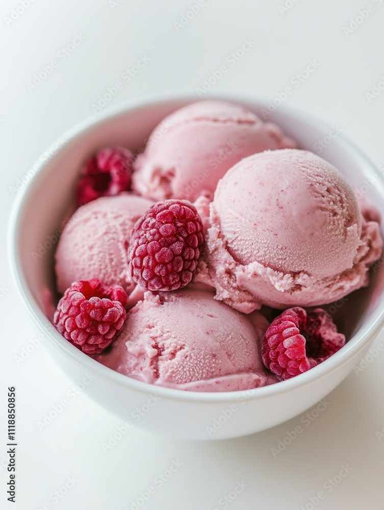 The image shows a bowl of pink ice cream with raspberries on top, presenting a refreshing and colorful dessert option. The image shows a bowl of pink ice cream with raspberries on top, presenting a refreshing and colorful dessert option.