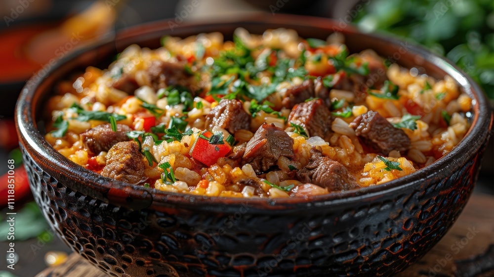 Rice with beef and vegetables in a bowl on a wooden background Rice with beef and vegetables in a bowl on a wooden background