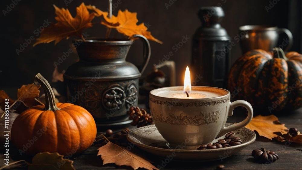Autumn still life with coffee candle and pumpkin Autumn still life with coffee candle and pumpkin