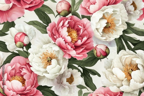 Fototapeta Naklejka Na Ścianę i Meble -  Beautiful arrangement of pink and white peonies with lush green leaves, showcasing vibrant colors and intricate floral details. Floral design and nature concept.