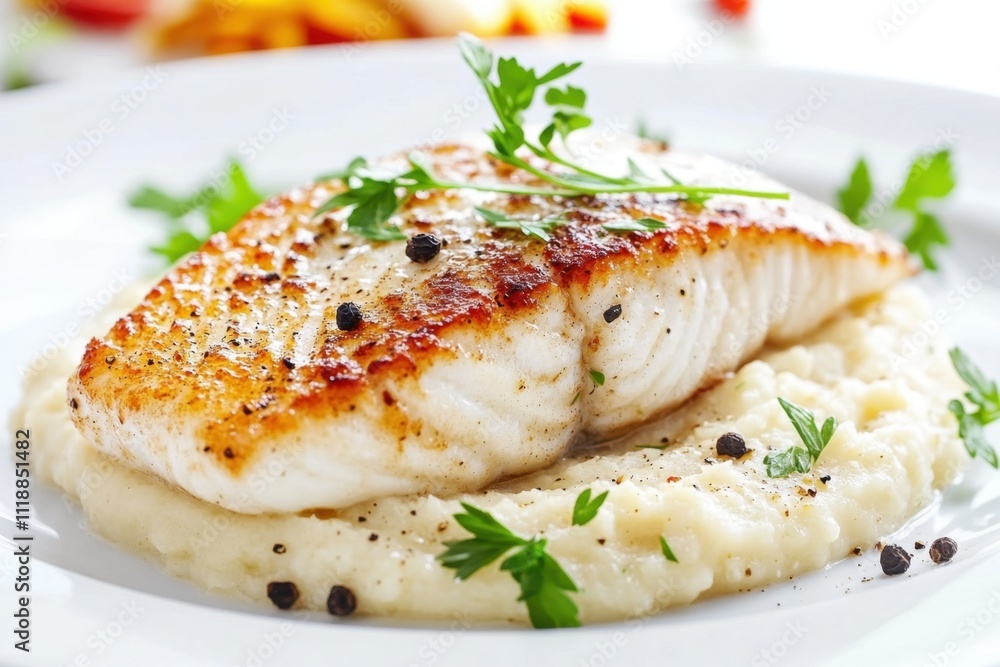 Gourmet pan-seared fish fillet served on a creamy puree, garnished with fresh herbs and ground pepper, presented on a white plate with an elegant blurred background. Gourmet pan-seared fish fillet served on a creamy puree, garnished with fresh herbs and ground pepper, presented on a white plate with an elegant blurred background.