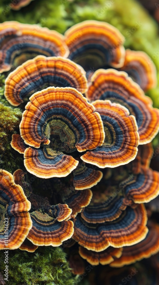 Vibrant layered mushrooms cluster on mossy surface Vibrant layered mushrooms cluster on mossy surface