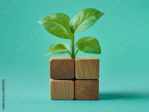 Plant growing in a cubic block arrangement symbolizing new growth and sustainability. photo