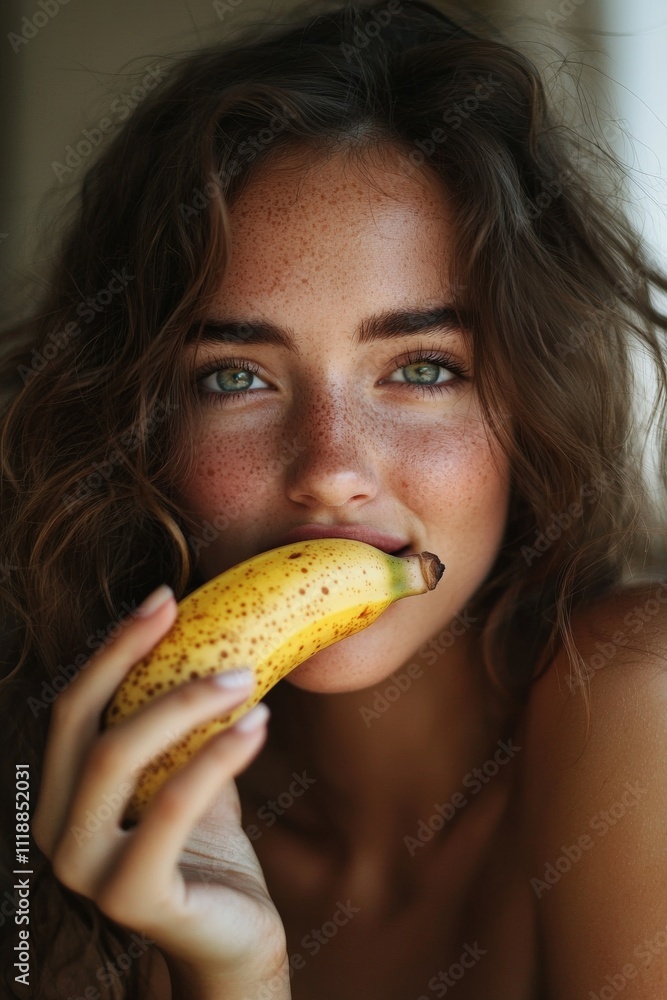 A natural beauty captured mid-bite, eating a banana with a playful, carefree expression, her hair flowing around her face and soft light emphasizing her features A natural beauty captured mid-bite, eating a banana with a playful, carefree expression, her hair flowing around her face and soft light emphasizing her features