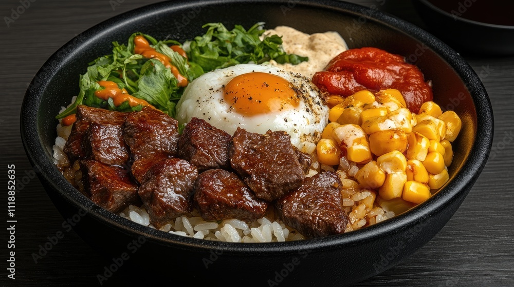 Enjoy a close-up of a beautifully presented beef rice bowl topped with marinated meat, accompanied by miso soup and sauces Enjoy a close-up of a beautifully presented beef rice bowl topped with marinated meat, accompanied by miso soup and sauces