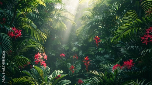 Sunbeams illuminate lush tropical rainforest with vibrant red flowers.