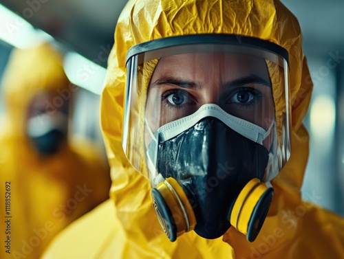 Person wearing protective yellow suit with respirator, standing in lab environment photo