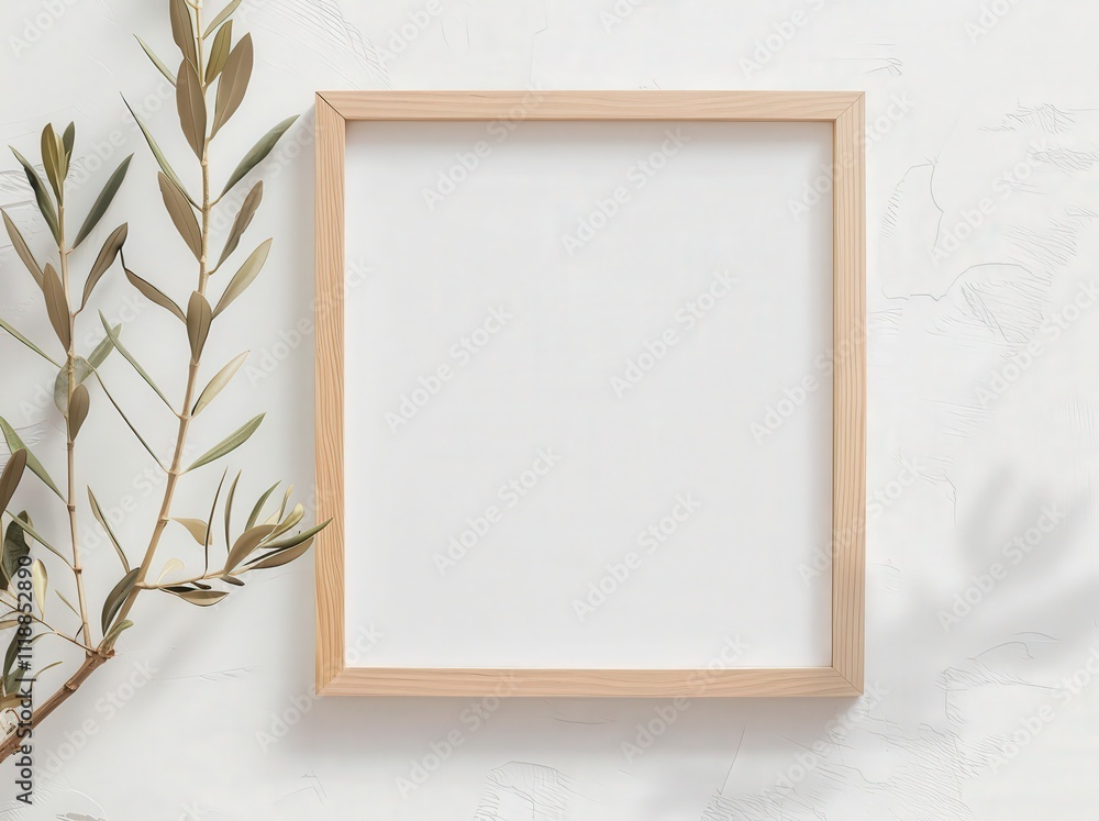 Simple wooden frame with olive branch and white background. ideal for mockup Simple wooden frame with olive branch and white background. ideal for mockup