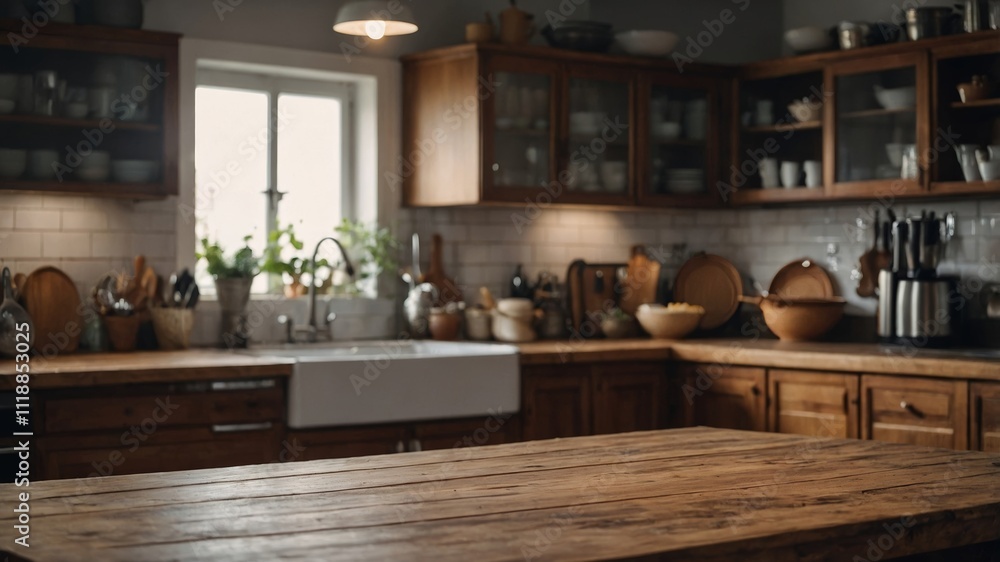Blurred kitchen background with empty wooden tabletop Blurred kitchen background with empty wooden tabletop