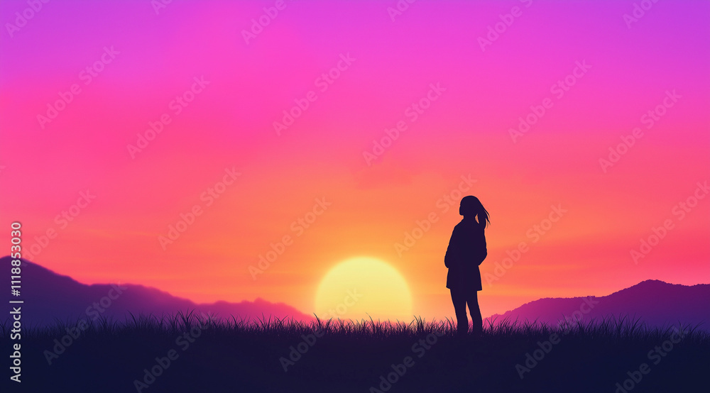 Silhouette of a Woman Admiring the Sunset: A Peaceful Scene Silhouette of a Woman Admiring the Sunset: A Peaceful Scene