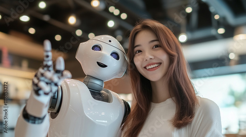 A friendly moment as the Asian woman takes a selfie with the humanoid robot, the background showcasing the coffee shop's blend of traditional and futuristic dÃ©cor