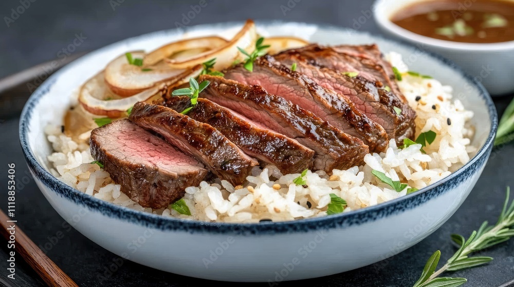 Enjoy a close-up of a beautifully presented beef rice bowl topped with marinated meat, accompanied by miso soup and sauces Enjoy a close-up of a beautifully presented beef rice bowl topped with marinated meat, accompanied by miso soup and sauces