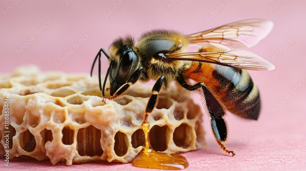Bee lounging on a honeycomb raft honey dripping down comb edges Isolated solo on plain background One main object high quality very detailed Professional image Bee lounging on a honeycomb raft honey dripping down comb edges Isolated solo on plain background One main object high quality very detailed Professional image