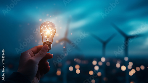 A hand raises the light bulb triumphantly, its light shining brightly over a clean energy landscape featuring aligned solar arrays and tall wind turbines on a breezy hilltop photo