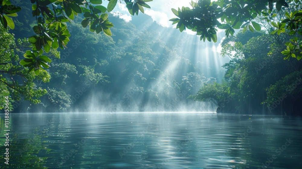 Sunbeams illuminating a misty lake in a lush green jungle. Sunbeams illuminating a misty lake in a lush green jungle.