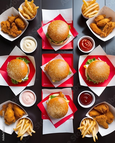 Above view of fast food meals in random tastes, burgers, fried chickens and french fries