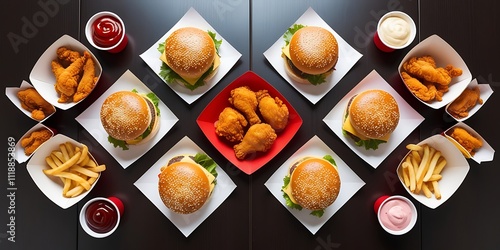 Above view of fast food meals in random tastes, burgers, fried chickens and french fries