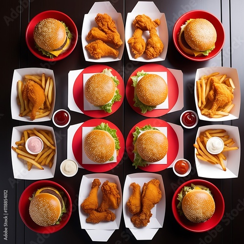 Above view of fast food meals in random tastes, burgers, fried chickens and french fries
