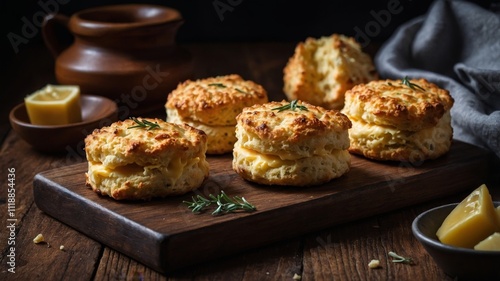 Cheese scones neatly arranged on dark wooden surface