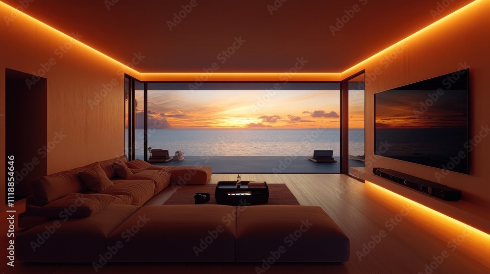 Here's a description and keywords for the image.. Luxurious sunset ocean view home theater. Here's a description and keywords for the image.. Luxurious sunset ocean view home theater.