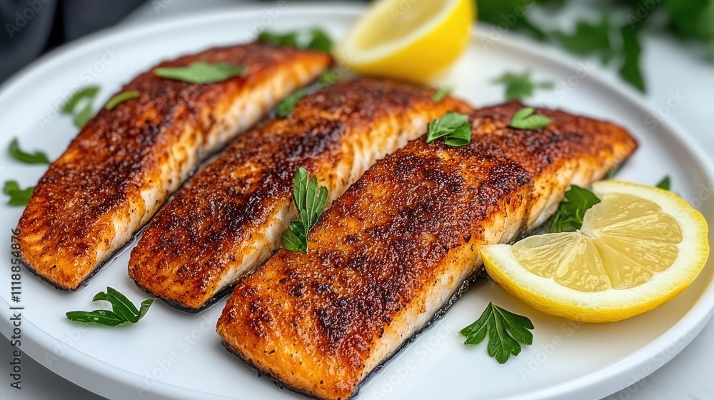 Delicate fish fillet with golden-brown edges served elegantly on a white plate, garnished with lemon juice, showcasing its natural beauty Delicate fish fillet with golden-brown edges served elegantly on a white plate, garnished with lemon juice, showcasing its natural beauty