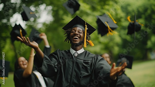Happy graduate throws cap in air with classmates celebrating outdoors.