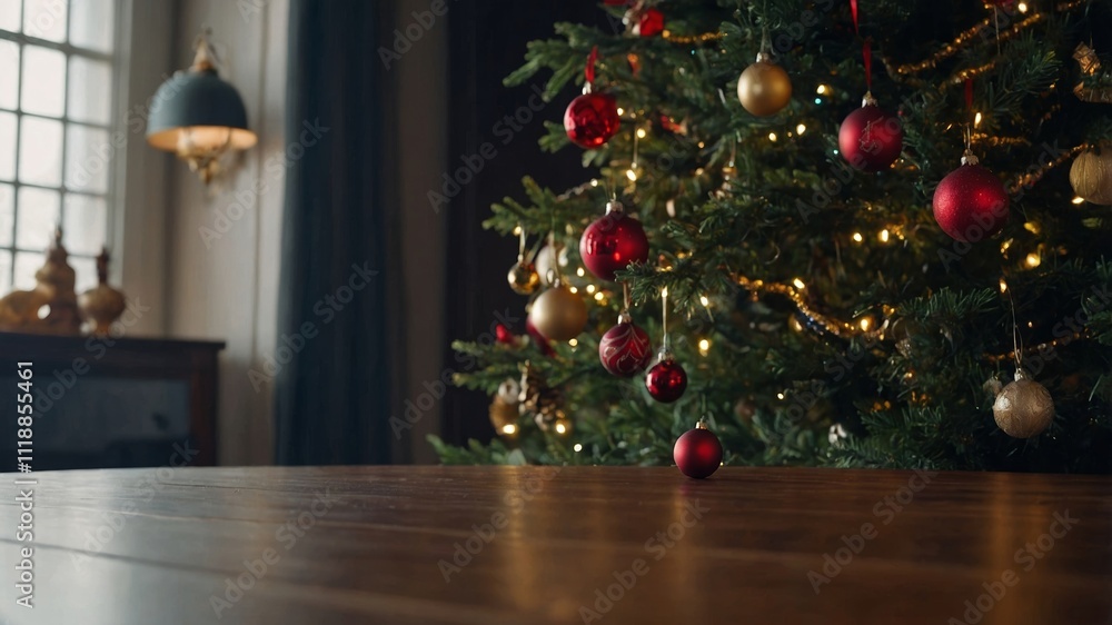 Christmas tree with decorations by an empty table Christmas tree with decorations by an empty table