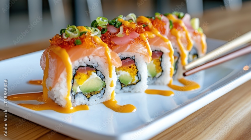 Close Up of Gourmet Sushi Rolls with Toppings on Wooden Table Close Up of Gourmet Sushi Rolls with Toppings on Wooden Table