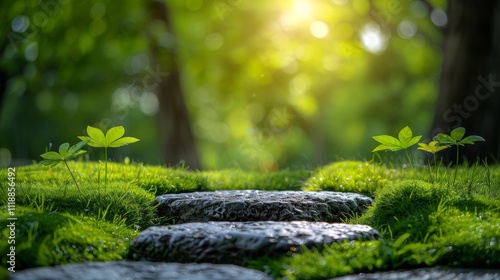 Sunlit stone path in lush green moss.