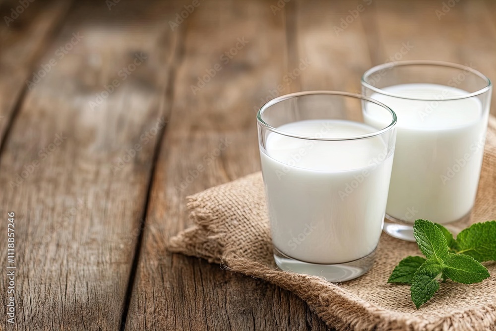 Freshly poured milk served in clear glasses on a rustic wooden table with mint leaves Freshly poured milk served in clear glasses on a rustic wooden table with mint leaves