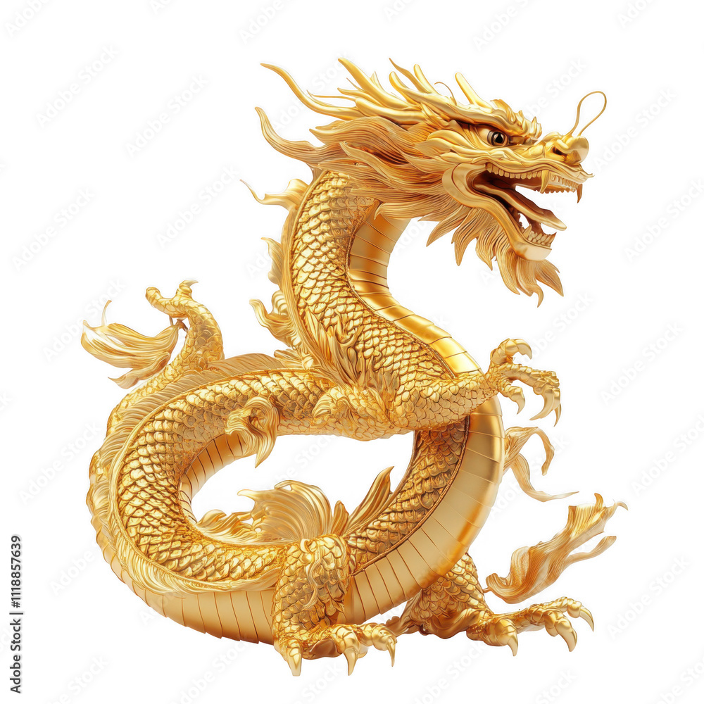 Fototapeta premium Golden Dragon Sculpture Captures Mystical Majesty and Powerful Dragon Symbolism